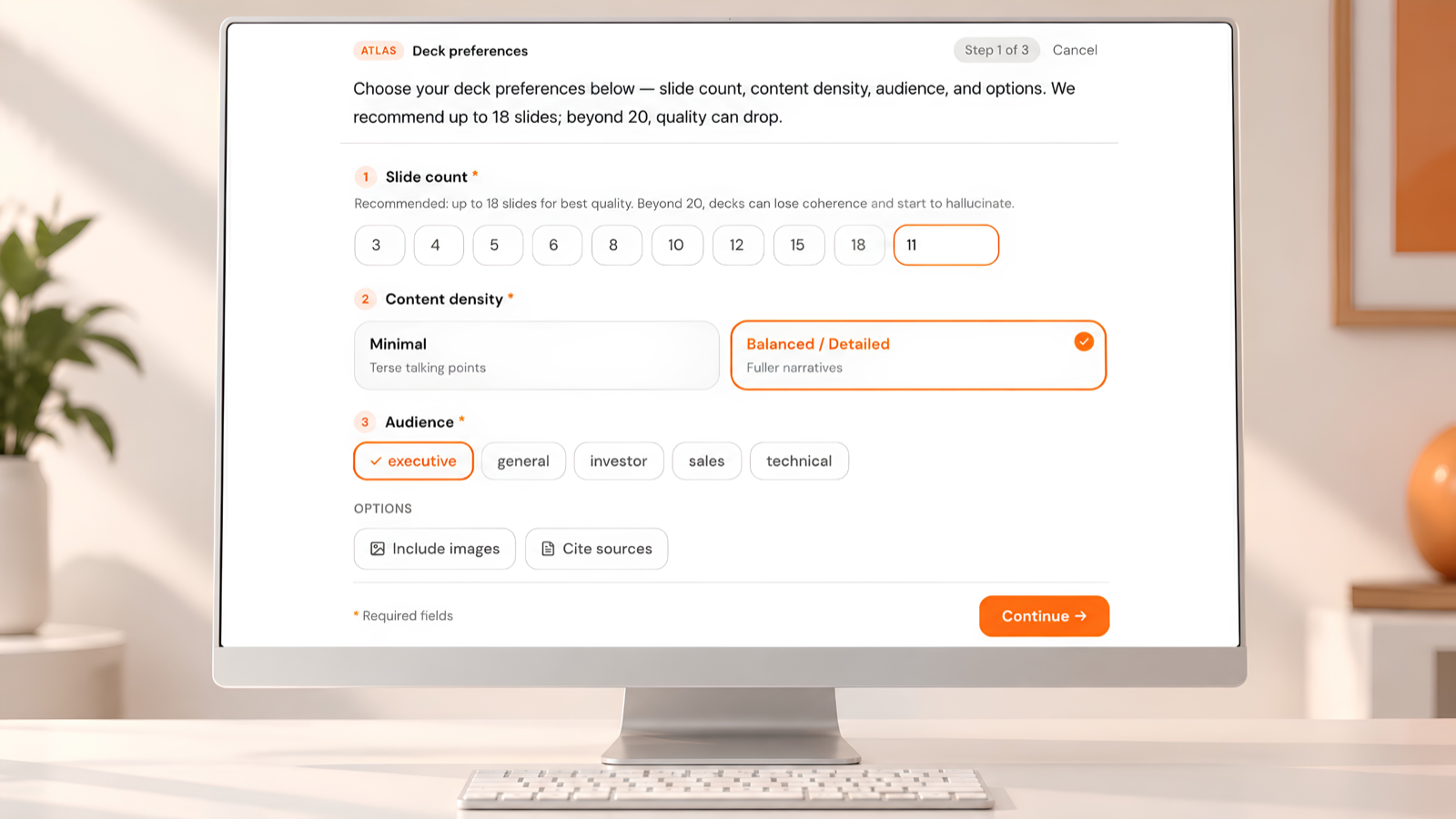 AI slide maker setup options for slide count, images, citations, tone and audience