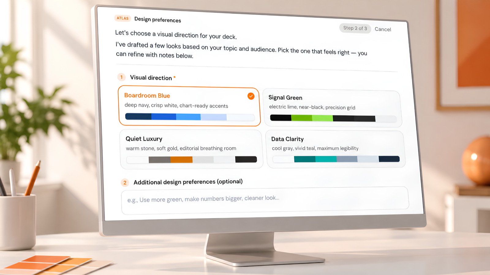 Yworq Atlas asking curated questions to personalize an AI generated presentation